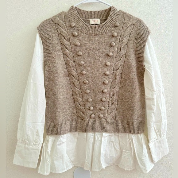 Fate Sweaters - NEW Fate Tan Crew Neck Cable Knit Sweater Vest with Attached white Blouse